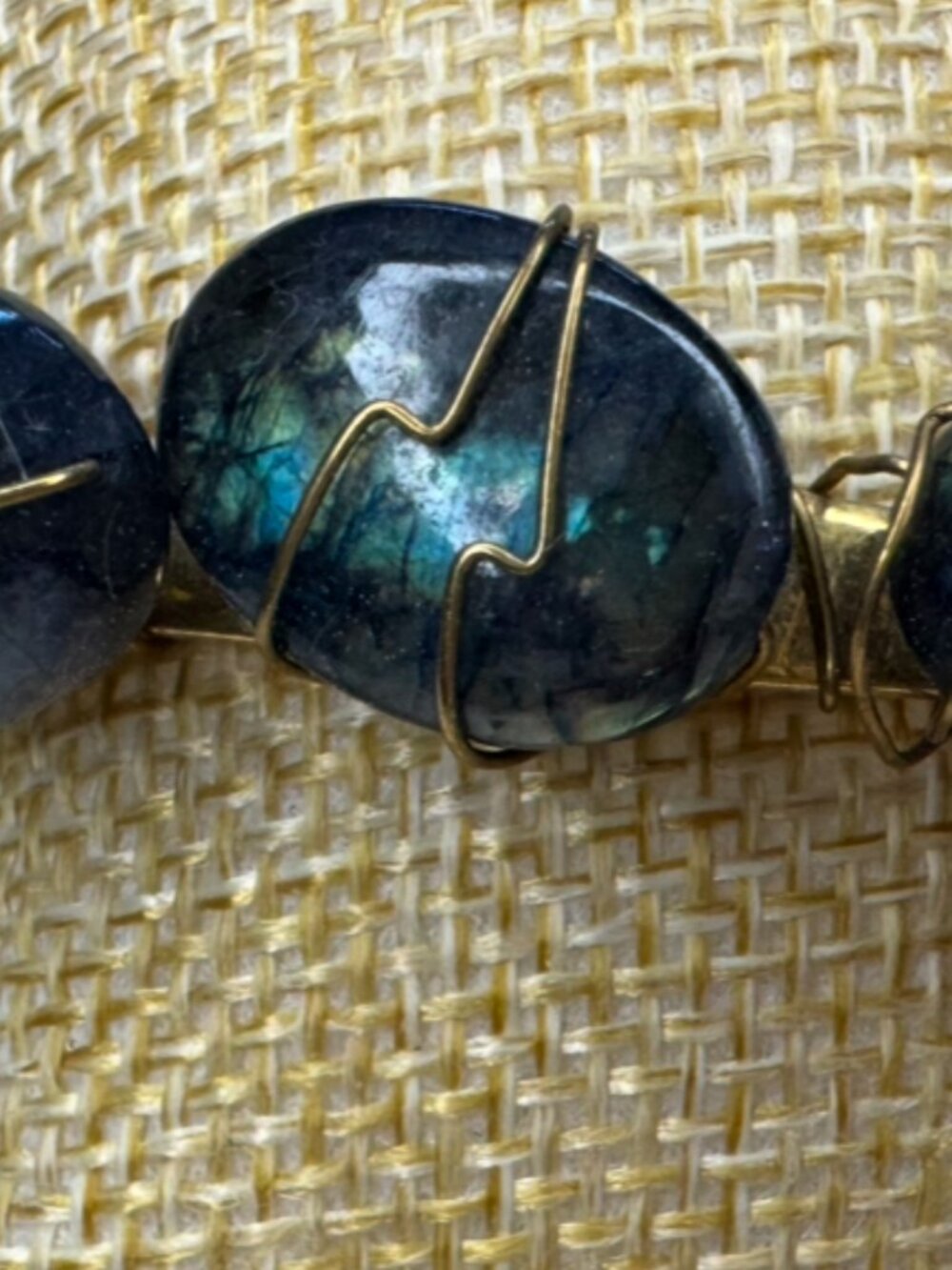 NEW 3 Stone Labradorite Crystals Upcycled Vintage Brass Cuff Bracelet Boho